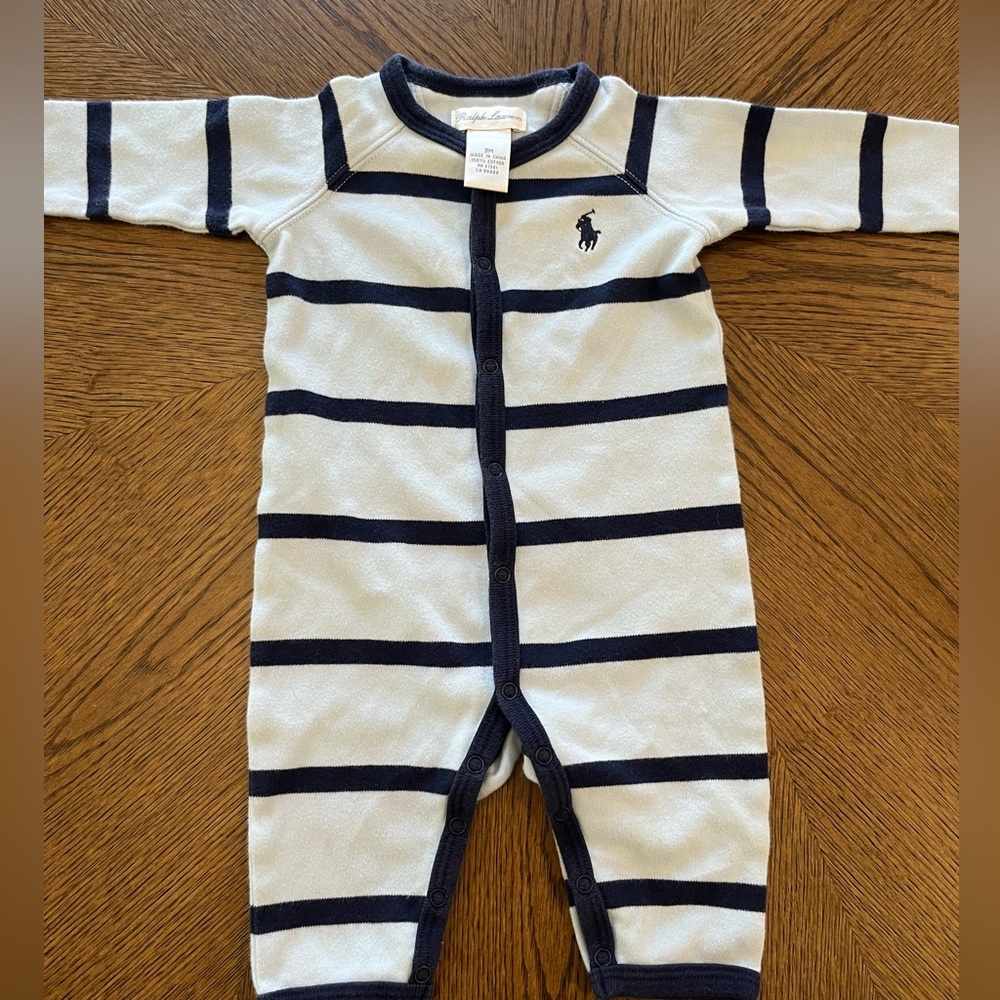 Ralph Lauren Cream and Navy Striped Footie One-Piece